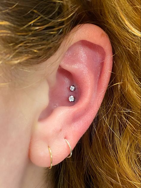 Forward Helix And Industrial Piercing, Double Conch, Ear Piercing For Women, Ear Ideas, Conch Piercings, Ear Art, Forward Helix, Industrial Piercing, Conch Piercing