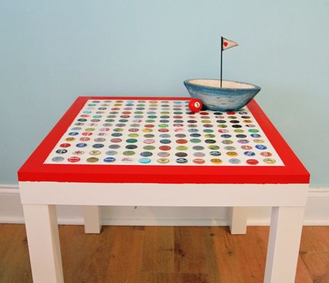 Ikea Table Revamp at savedbylovecreations.com #ikea #upcycle #DIY Ikea Table Hack, Diy Furniture Makeover Projects, Ikea Lack Side Table, Diy Bottle Cap Crafts, Recycle Bottle Caps, Bottle Cap Table, Bottle Cap Projects, Lack Table, Ikea Lack Table