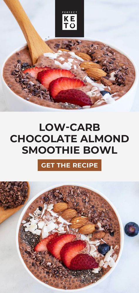 Keto Smoothie Bowl Recipe: This chocolate whey almond smoothie bowl with chia seeds, almond milk, chocolate protein, and cocoa powder is the perfect breakfast -- protein smoothie in a bowl. | #keto #KetoLifestyle #WeightLoss #FatLoss #Health #Healthy #HealthyLiving #HealthyLifestyle Low Carb Smoothie Bowl, Keto Smoothie Bowl, Protein Smoothie Bowls, Low Calorie Smoothie Bowl, Almond Butter Smoothie Bowl, Smoothie Bowls Recipe, Chia Seeds Almond Milk, Smoothie For Kids, Low Carb Smoothie