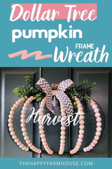 Dollar Tree Pumpkin Wire Wreath- wooden beads craft to make! Farmhouse wreath on a budget Pumpkin Frame Wreath Tutorial, Pumpkin Frame Craft, Dollar Store Pumpkin Wreath Frame, Bead Pumpkin Wreath, Beaded Pumpkin Wreath, Pumpkin Frame Wreath, Instructions On Making Dollar Tree Pumpkin Form Wreath With Beads, Dollar Tree Wood Bead Wreath, Wooden Beads Crafts