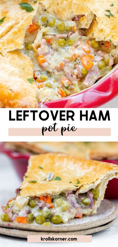 a pot pie in a red pie pan made with leftover ham from the holidays Ham Casseroles, Ham Pot Pie, Homemade Pot Pie, Healthy Ham, Ham Pie, Pot Pie Recipes, Ham Dinner, Pot Pie Filling, Ham Casserole