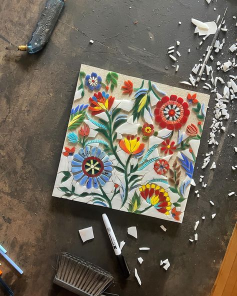 New commission in the works 🌸🌼🪻 #mosaic #glassart #brmosaics #mnartist #nordicdesign #scandinaviandesign Briony Machin Mosaic, Mosaic Projects Ideas, Crockery Mosaic, Mosaics Ideas, Tile Mosaic Art, Mosaics Art, Mosaic Art Diy, Square Tiles, Glass Mosaic Art