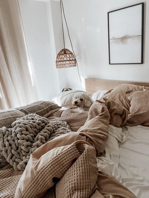 neutral layered cozy bedding cooling sheets, duvet cover, chunky knit blanket, rattan light, affordable art, throw pillows Follow my shop @GroundedInNeutral on the @shop.LTK app to shop this post and get my exclusive app-only content! #liketkit #LTKhome #LTKunder100 @shop.ltk https://liketk.it/41LQK Dark Neutral Bedding Ideas, Fall Neutral Bedding, Neutral Sheets Bedding, Comfy Looking Beds, Cream Sheets Bedding, Tonal Bedding, Cozy Bed Set Up, Neutral Twin Bedding, Comfy King Bedding