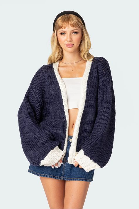 Contrast Chunky Knit Cardigan – edikted Fall Wardrobe Essentials, Chunky Cardigan, Chunky Knit Cardigan, Lace Crop Tops, Chunky Sweater, Knit Pants, Comfortable Dress, Drawstring Pants, Fall Wardrobe