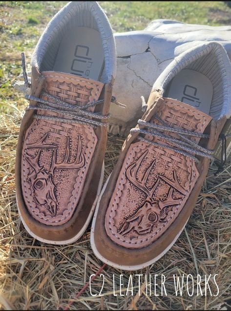 Hand tooled leather topped hey dudes made by me. Check them out on FB at C2 Leather Works! Hey Dude Leather Tooled, Tooled Leather Hey Dude Shoes, Tooled Leather Hey Dudes, Leather Hey Dudes, Hay Dudes, Cute Hey Dudes, Western Footwear, Custom Hey Dudes, Handmade Leather Work