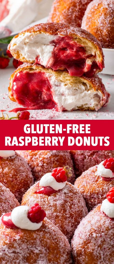 Gluten Free Filled Donut Recipe, Gluten Free Spring Dessert Recipes, Gluten Free Brioche Donut, Gluten Free Raspberry Recipes, Gluten Free Sweet Snacks, Mother’s Day Desserts Gluten Free, Gluten Free Raspberry Cake, Gluten Free Raspberry Desserts, Gluten Free Valentines Day Desserts