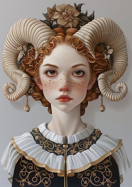 The image portrays a woman with striking, coiled ram horns, Aries. She has freckles, reddish-brown curly hair, and wears elaborate, ornamental clothing with floral details, creating an ethereal, fantasy-like appearance. Dnd Oc, Brown Curly Hair, Swipe File, Ram Horns, Clothing Logo, Reddish Brown, Mask For Kids, Tops For Leggings, Gifts For Teens