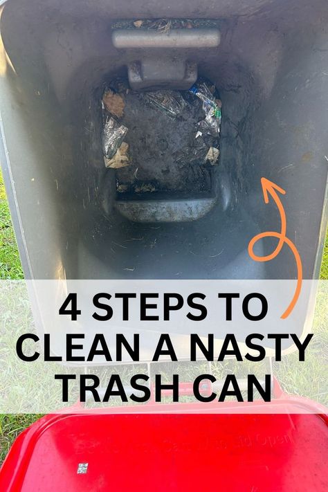 Does your outdoor garbage bin stink? It is full of dirt and grime? Here's the 4 steps to getting it clean and smelling fresh again! Cleaning Trash Bins, Clean Trash Can Outdoor, Garbage Can Cleaning, Trash Can Cleaning, Outdoor Hacks, Garbage Containers, Outdoor Trash Cans, Garbage Bin, Pressure Washing