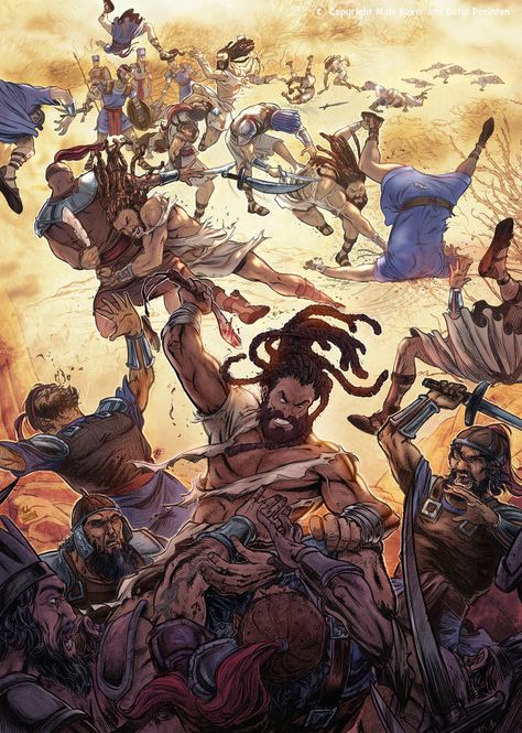 Samson Bible Story, Samson Bible, Christian Comics, Bible Artwork, Battle Scene, Jesus Artwork, Christian Jokes, Art Of Manliness, Bible Quotes Images