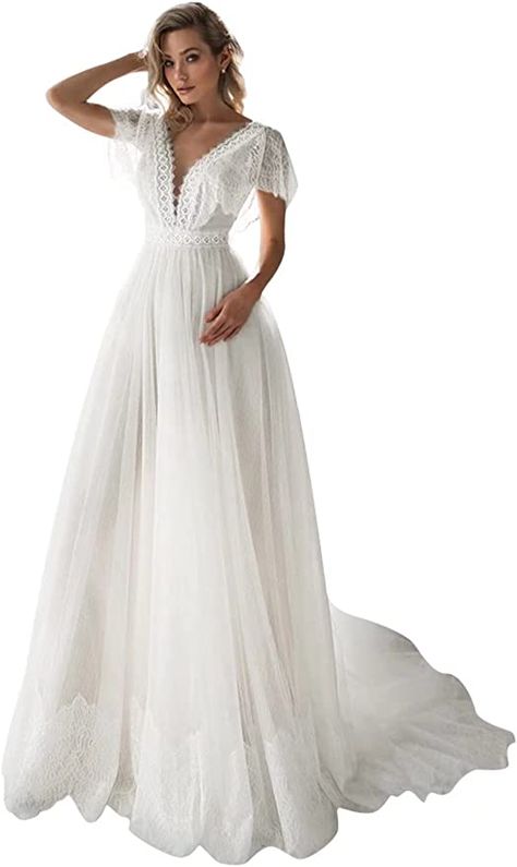 Xijun Boho Wedding Dresses for Bride 2022 Dot Tulle Elegant Lace Appliques Cap Sleeve V-Neck Bridal Gown Bride 2024, Dresses For Bride, Boho Wedding Dresses, Lace Applique Wedding Dress, Garden Wedding Dresses, Bridal Ball Gown, Womens Wedding Dresses, V Neck Wedding Dress, Applique Wedding Dress