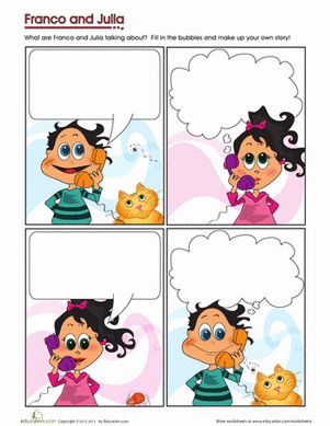 Fill in the speech and thought bubbles as a guy and girl talk on the phone. Comic Strip Without Dialogue, Comic Dialogue, Dialogue Writing, Comic Strip Template, Dialogue Bubble, Spanish Learning Activities, Phonics Reading Passages, Spanish Writing, Comic Book Template