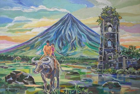 Mayon Volcano Cagsawa Ruins oil on canvas 16" x 24" by J.Bulaong 2012 Mt Mayon, Volcano Drawing, Mayon Volcano, Filipino Art, Philippine Art, Philippines Culture, Thailand Art, Meaningful Drawings, Scenery Paintings