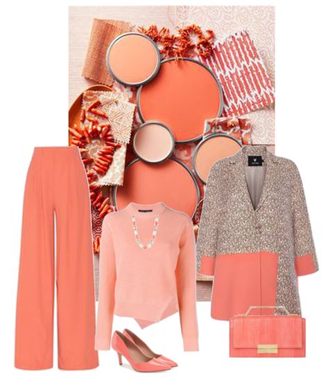 Coral Winter Outfit, Coral Color Combinations Outfit, Salmon Color Combinations Outfit, Coral Color Outfits, Coral Blouse Outfit, Peach Trousers Outfits, Coral Clothes Aesthetic, Coral Pink Clutch, Coral Shoes