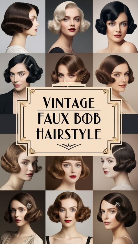 Vintage faux bob hairstyle Easy Roaring 20s Hairstyles, Flapper Hairstyles For Short Hair, 1920s Short Hairstyles, 20 Hairstyles 1920s, Gatsby Hair Short, 1920s Bob, 20s Hairstyles, Roaring 20s Hairstyles, Vintage Bob Hairstyle