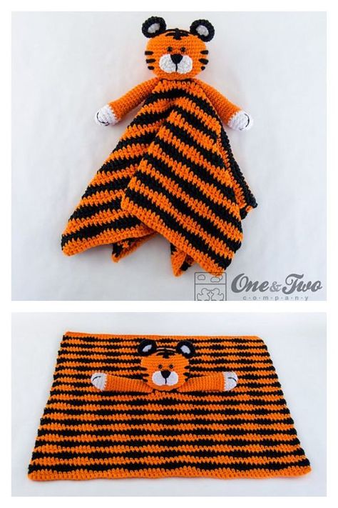 Tiger Lovey Crochet Patterns Lovey Crochet Patterns, Security Blanket Crochet Pattern, Crochet Kids Blanket, Crochet Lovey Free Pattern, Crochet Tiger, Lovey Crochet, Striped Crochet Blanket, Crochet Baby Blanket Free Pattern, Crochet Plushies