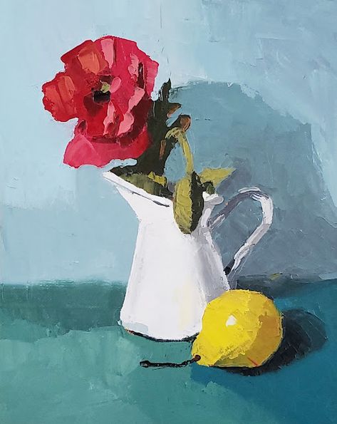 Original oil painting of a red poppy in a white pitcher against a blue background, with yellow pear. Picnic Still Life, Still Life Painting Easy, Easy Still Life Painting, Still Life Painting Acrylic, Impressionist Still Life, White Pitcher, Simple Acrylic, Yellow Fruit, Still Life Fruit