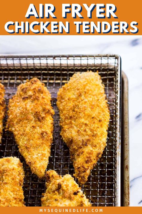 Golden-brown chicken tenders on an air fryer basket. Air Fryer Chicken Panko, Air Chicken Tenders, Air Fryer Chicken Tenders Flour, Air Fryer Chicken Tenders Panko, Friend Chicken Tenders, Panko Crusted Chicken Tenders, Crispy Air Fryer Chicken Tenders, Healthy Chicken Tenders, Chicken Tenders Air Fryer