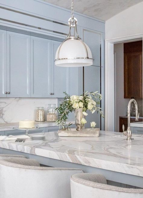 Behind the Scenes of This Year’s Atlanta Holiday Home with Designer Janie Wilburn Blue Gray Kitchen, Polished Nickel Kitchen, Grey Blue Kitchen, French Oak Flooring, White Marble Floor, Dream Beach House, Marble Polishing, County House, Gray Kitchen