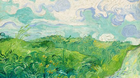 Green Wheat Fields, Auvers - Vincent van Gogh,1890, Collection of Mr. and Mrs. Paul Mellon, donated to the National Gallery of Art, Washington DC. “In his letters, van Gogh talks about being absorbed in a sea of windy grass”.Within weeks after painting “Green Wheat Fields, Auvers,” van Gogh killed himself. Lukisan Van Gogh, Van Gogh Landscapes, Vincent Willem Van Gogh, Green Wheat, Pillow Green, Arte Van Gogh, Van Gogh Museum, Wheat Fields, Van Gogh Paintings