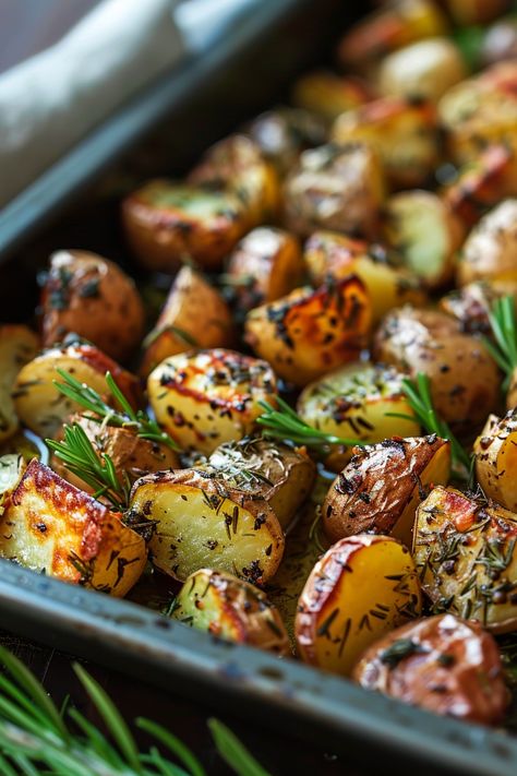 Roasted baby potatoes with herbs and rosemary sprigs on a baking tray. Meal With Roasted Potatoes, Fancy Dinner Sides, Rosemary Potatoes Roasted, Rosemary Garlic Potatoes, Lamb Side Dishes, Garlic Herb Roasted Potatoes, Herb Potatoes, Easy Healthy Side Dishes, Herbed Potatoes