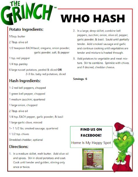 The Grinch's Who Hash Recipe Who Feast The Grinch, Who Hash Grinch, Christmas Menu Ideas Holiday Foods, The Grinch Movie Night Food Ideas, Grinch Dust Recipe, Grinch Menu Printable, Grinch Menu Ideas, Grinchmas Dinner, Who Hash Recipe