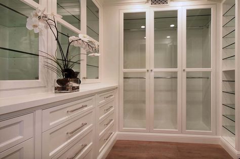 Coastal chic home in Newport Beach offers amazing living spaces Closet With Glass Doors, Transitional Closet, Front Closet, Closet Vanity, Beautiful Closets, Glass Front Cabinets, Build A Closet, Dream Closets, Coastal Bedrooms