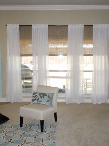 sheer curtains and bamboo blinds .. love the sheer linen mixed with bamboo shades .. would have installed them higher but like this look Picture Window Curtains, Patio Blinds, Modern Blinds, Living Room Blinds, Bedroom Blinds, Window Treatments Living Room, Picture Window, Diy Blinds, House Blinds