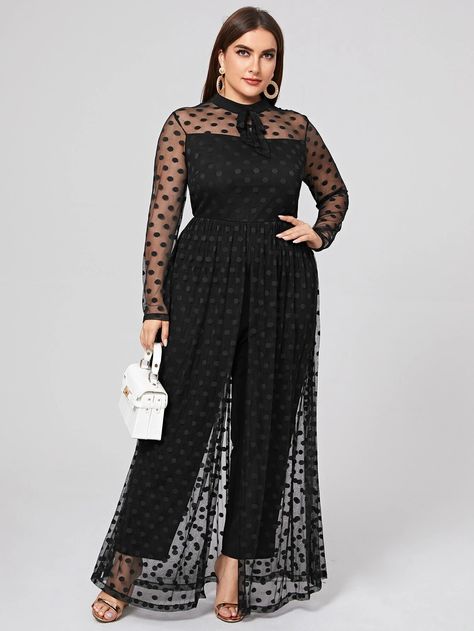 Plus Tie Neck Polka Dot Mesh Yoke Jumpsuit With Skirt | SHEIN USA Jumpsuit With Skirt, Plus Zise, Formal Jumpsuit, Mock Neck Long Sleeve, Fashionista Clothes, Moda Plus, Mesh Skirt, Plus Size Jumpsuit, Plus Size Pants