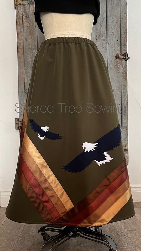 Two Eagles Ribbon RAIN Skirt - in Green Eagle Ribbon Skirt, Sunflower Ribbon Skirt, Applique Ribbon Skirt, Orange Ribbon Skirt, Green Ribbon Skirt, Native Ribbon Skirt Ideas, Traditional Ribbon Skirts, Indigenous Ribbon Skirt, Native American Ribbon Skirts