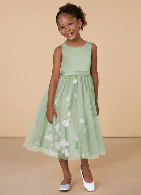 Dusty Sage Azazie Minny Dusty Sage A-Line Lace Tulle Dress | Azazie Sage Flower Girl Dress, Green Flower Girl Dresses, Tea Length Flower Girl Dress, Tea Length Tulle, Flower Girl Dresses Blue, Whimsical Dress, Bridal Party Attire, Girls Attire, Dusty Sage