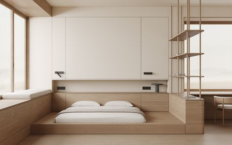 Japandi interior :: Behance Minimalism Bedroom, Japan Interior, Japandi Interiors, Eksterior Modern, Japandi Living, Japandi Interior, Japanese Interior Design, Built In Furniture, Japanese Interior