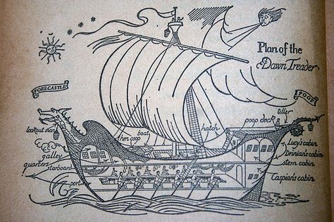 Illustration from Voyage of the Dawn Treader. Narnia Illustrations, Narnia Tattoo, Ship Blueprint, Voyage Of The Dawn Treader, The Dawn Treader, Dawn Treader, Sleepless Night, Top Surgery, The Chronicles Of Narnia