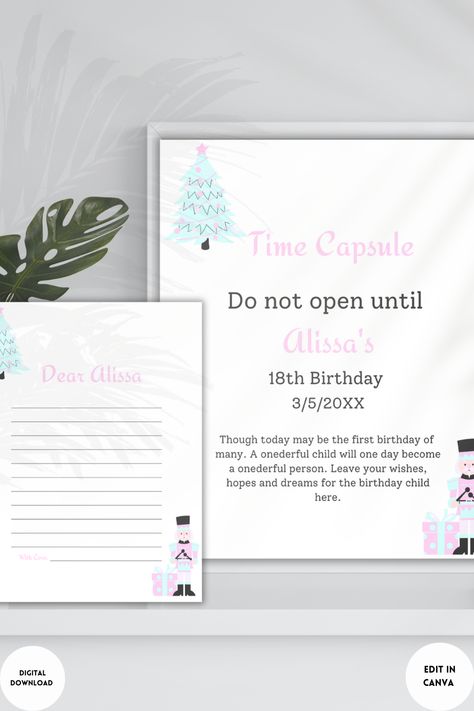 Nutcracker First Birthday Time Capsule. Cherish the memories of your little ones birthday by commemorating their first year. Have your guests leave notes for them to read when they're 18. First Birthday Time Capsule, Minimal Stationery, Birthday Time Capsule, First Birthday Party Favor, Flag Hanging, Bday Invitations, Birthday Thank You Cards, First Birthday Photos, Rainbow Birthday