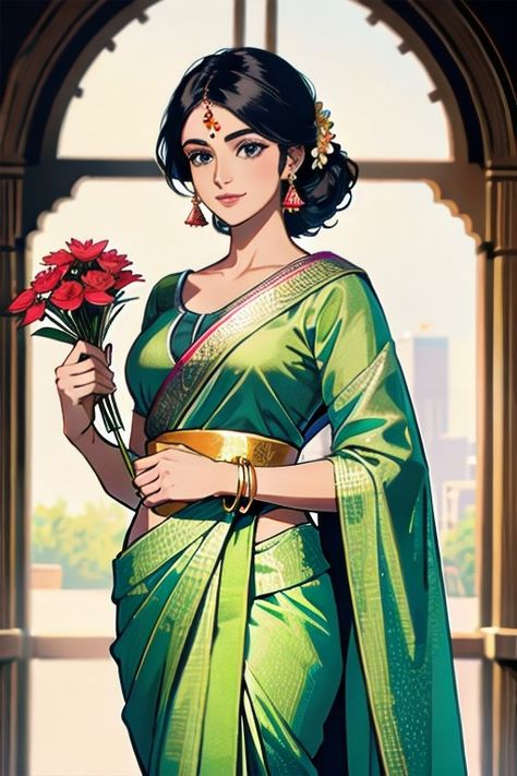 Follow for more! Saree Anime Art, Indian Anime Characters, Bolkya Resha, Anime Indian, Batgirl Art, Indian Women Painting, Sketch Poses, Recent Anime, Female Character Concept