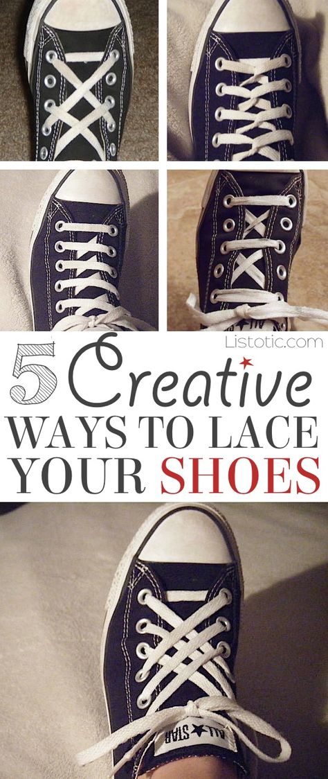 5 Fun and creative ways to tie your shoes! How to tie your shoelaces cool with these easy lacing techniques... Perfect for Converse or any sneakers. Listotic.com Ways To Tie Your Shoes, Lace Your Shoes, Converse Haute, Lacing Techniques, Tie Your Shoes, Shoe Lacing, Ways To Lace Shoes, Converse Chucks, Creative Shoes