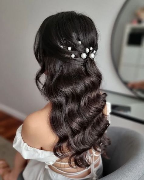 Hollywood Glam Wedding Hair Half Up, Hollywood Wave Half Up Half Down, Bridal Hair Half Up Hollywood Waves, Half Updo Bridal Hair, Glam Waves Half Up Half Down, Half Up Glam Waves, Half Up Half Down Wedding Hair Asian, Glam Bridal Hair Half Up, Hollywood Waves Half Up