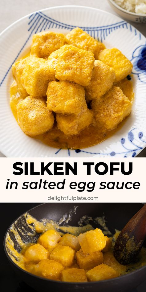 This Fried Tofu with Salted Egg Sauce features silken tofu fried until crispy on the outside and then coated with a rich salted egg yolk sauce. It is great as an appetizer as well as a main dish with rice for a quick and easy dinner. #tofu #asianrecipes Crispy Silken Tofu, Salted Egg Yolk Sauce, Salted Egg Sauce Recipe, Fried Silken Tofu, Salted Egg Yolk Recipe, Egg Tofu Recipes, Egg Sauce Recipe, Egg Yolk Sauce, Silken Tofu Recipes