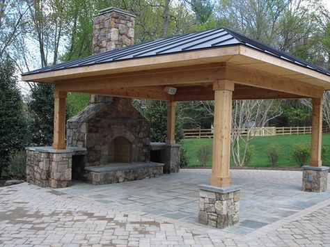 Backyard Fireplace, Backyard Pavilion, Professional Landscaping, Diy Outdoor Kitchen, Outside Living, Hot Tubs, Backyard Patio Designs, Outdoor Kitchen Design, Outdoor Fireplace