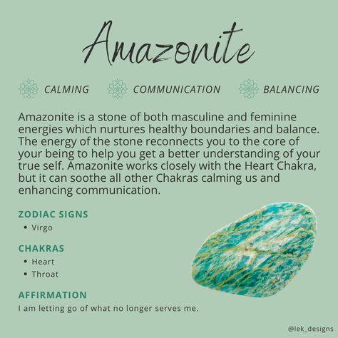 Learn all about Amazonite. Amazonite Stone Meaning, Amazonite Crystal Meaning, Crystal Education, Mindful Crafts, Amazonite Properties, Magical Gemstones, Crystals Properties, Crystal Affirmations, Crystal Grimoire