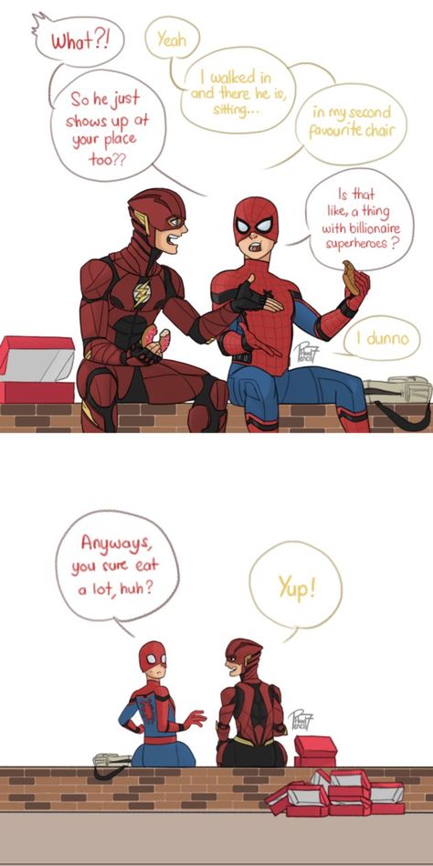 Spidey and Flash by pencilHead7 Flash And Spiderman, Marvel And Dc Crossover, Superfamily Avengers, Superhero Memes, No Sleep, Funny Marvel Memes, Avengers Comics, Marvel Avengers Funny, Dc Memes