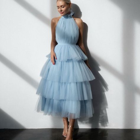 Halter Ball Gown, Backless Ball Gown, Layered Tulle Dress, Ruffle Tulle Dress, Halter Gown, Ruffles Fashion, Evening Dress Fashion, Elegant Dresses For Women, Tea Length Dresses