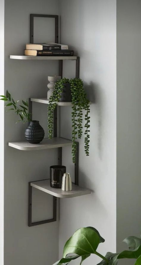 corner shelf Corner Shelf Ideas Bathroom, Empty Corner In Living Room Ideas, Bedroom Shelves Ideas, Art Deco Bedroom Decor, Tv Cupboard, Shelves For Bedroom, Green Living Room Decor, Rustic Wood Floating Shelves, Floating Shelves Wall