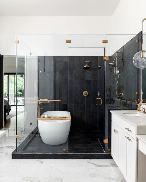 harper design projects on Instagram: “we’re so in love with every detail of this spacious wet room in our newly designed modern farmhouse!! ✨ the sleek custom herringbone tile…” Glass Shower Tub, Clear Shower Door, Two Shower Curtains, Clawfoot Tub Bathroom, Bathroom Floor Plans, Spa Like Bathroom, Glass Room, Herringbone Tile, Master Bath Remodel