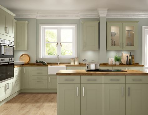 Somerset olive green | Benchmarx Kitchens & Joinery Green Kitchen Cupboards, Green Kitchen Paint, Benchmarx Kitchen, Light Green Kitchen, Olive Kitchen, Beige Flooring, Olive Green Kitchen, Sage Kitchen, Green Kitchen Designs