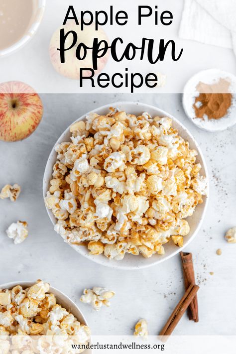 Caramel Apple Pie Popcorn, Caramel Apple Popcorn Recipes, Apple Pie Popcorn, Fall Finger Foods, Caramel Apple Popcorn, Apple Pie Pops, Tv Snacks, Tv Snack, Popcorn Recipes Easy