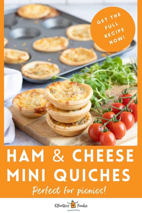 An easy mini ham and cheese quiche recipe, perfect for lunchboxes and picnics. Made with ready-rolled shortcrust pastry, these savoury bites are filled with delicious smoked ham and cheddar cheese. Mini Quiche Recipe, Savoury Bites, Cheese Quiche Recipe, Mini Pie Crust, Mini Quiche Recipes, Ham And Cheese Quiche, Tin Recipes, Quiche Recipes Easy, Easy Ham