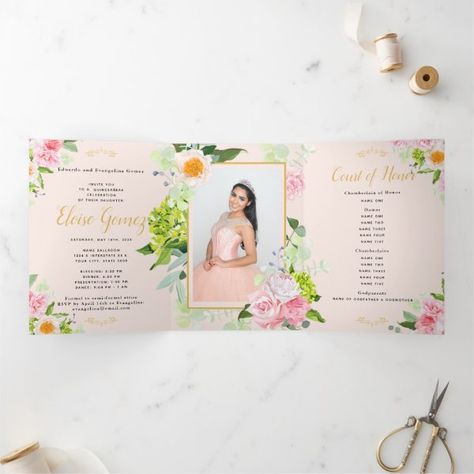 Peach Floral Trifold Quinceanera Invitation Quince Invites, Trifold Invitation, Quince Decor, 15th Birthday Party Ideas, Quinceanera Invitation, Sweet 16 Invitations, Quinceanera Invitations, 15th Birthday, Floral Invitation