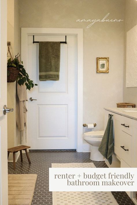 See how I gave my rental bathroom a budget friendly makeover for less than $230! Faux limewash walls, a diy jewelry box, beautiful new brass hardware and more! Rustic, antique inspired spa vibes! Faux Limewash Walls, Faux Limewash, Renter Friendly Bathroom Makeover, Vintage Modern Cottage, Rental Bathroom Makeover, Bathroom Makeover On A Budget, Rustic Modern Cottage, Rental Makeover, Limewash Walls