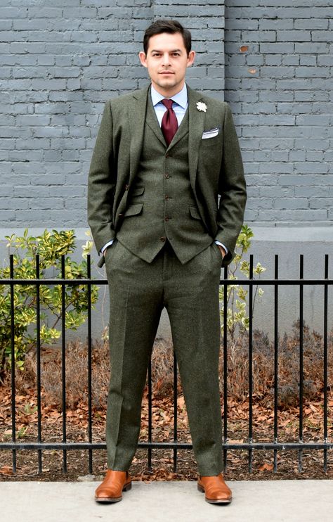 Flecked-green tweed three-piece suit. Tweed Three Piece Suit, Green Three Piece Suit Men, Green Tweed Suit Wedding, Green Three Piece Suit, Three Piece Suit Mens, Green Tweed Suit, Three Piece Suits, Green Suit Men, Suit 3 Piece