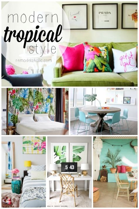 This modern tropical style is so fun and colorful! Great for a guest house or beach property, or anywhere you want to be comfortable and COLORFUL! Remodelaholic.com Beach Property, Popular Interior Design, Tropical Home Decor, Beach House Interior, Tropical House, Beach House Design, Beach Cottage Style, Modern Tropical, Tropical Houses